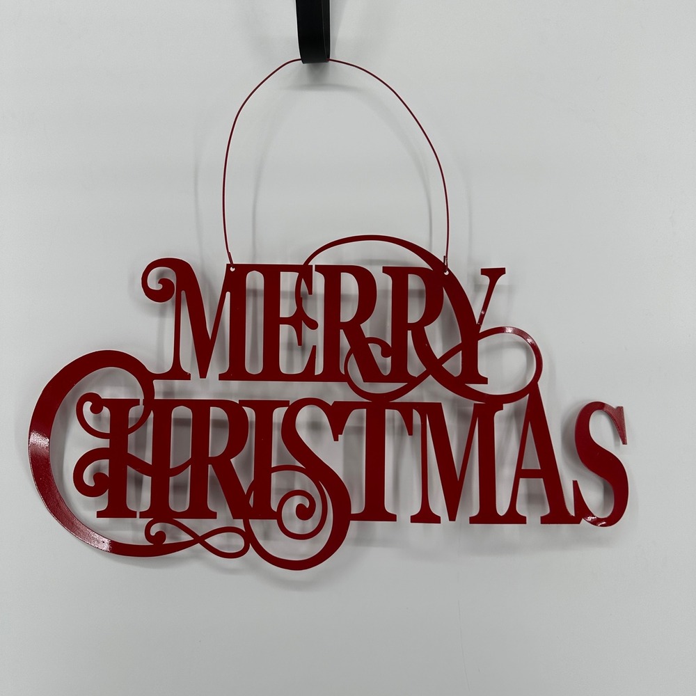 Red Metal Merry Christmas Wall Hanging Sign Holiday Decor 23.5 Inch Script